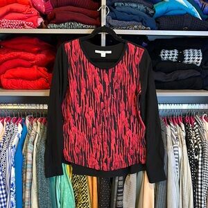 Diane Von Furstenburg 100% silk black/red print long sleeve top size 8